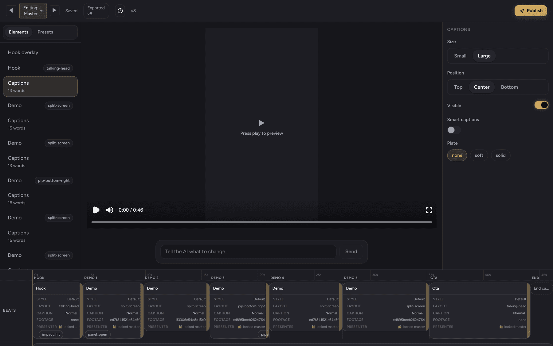 The ViralWhen editor: an element list, a caption inspector with size and position controls, and a beat timeline showing the presenter locked