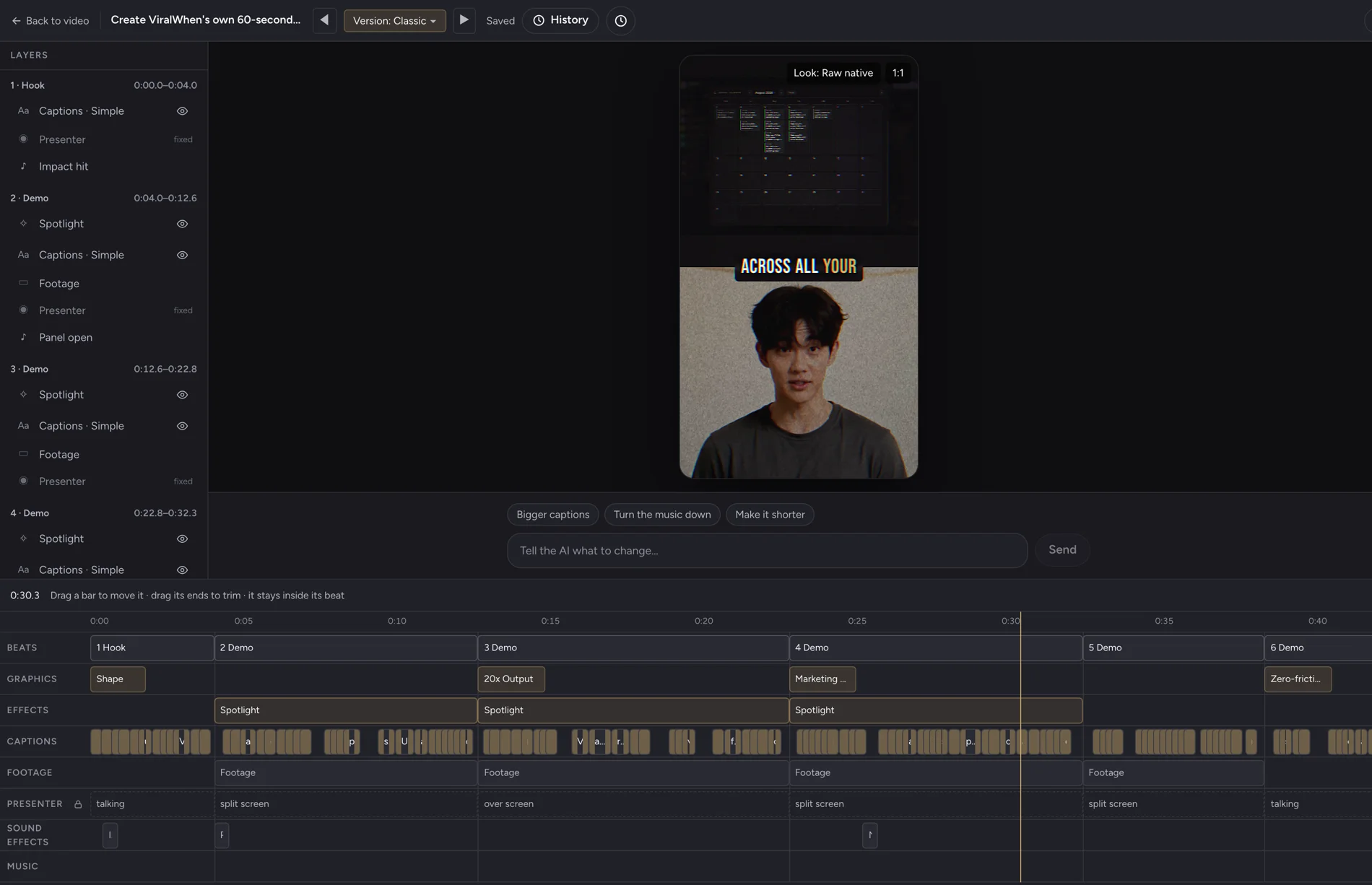 The ViralWhen editor: the video with a plain-English change box, a list of layers per beat, and a timeline with a track for every ingredient — beats, graphics, effects, captions, footage, presenter, sound effects and music