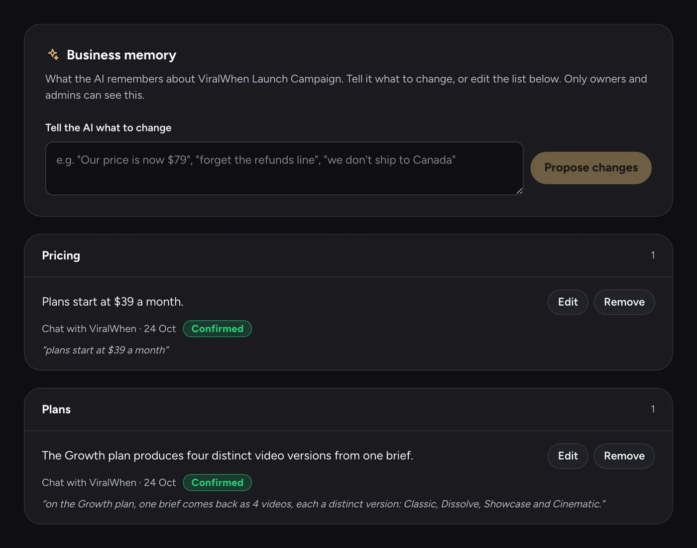 Business memory: what the AI remembers about the business, each fact confirmed, with Edit and Remove